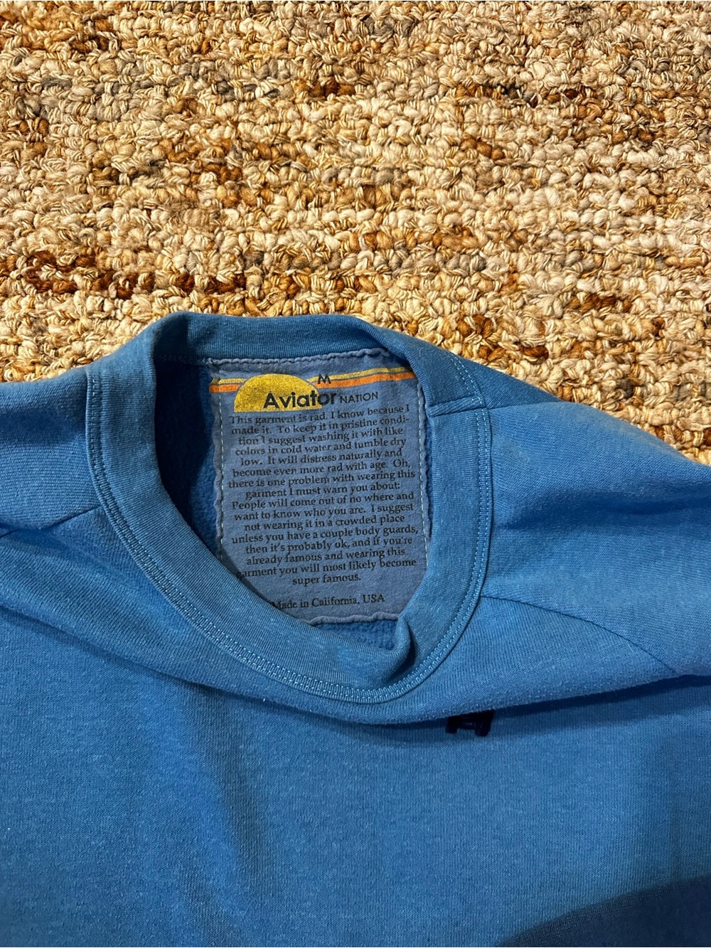 Rare Aviator Nation Blue Crewneck Sweatshirt with Rainbow Sleeve Stripes - Picture 2 of 5